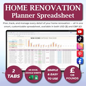 Remodel Budget Planner Spreadsheet, Contractor Payment Tracker, Home Renovation Cost Estimator, Excel & Google Sheets Template, Home Remodel