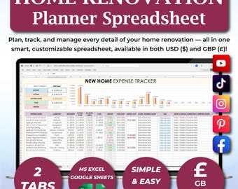 Home Renovation Budget Planner | Contractor Payment Tracker | Remodeling Cost Estimator Expense Spreadsheet | Excel & Google Sheets Template