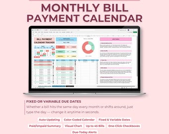 Bill Payment Calendar Google Sheets & Excel | Monthly Budget Planner, Due Date Reminder Organizer