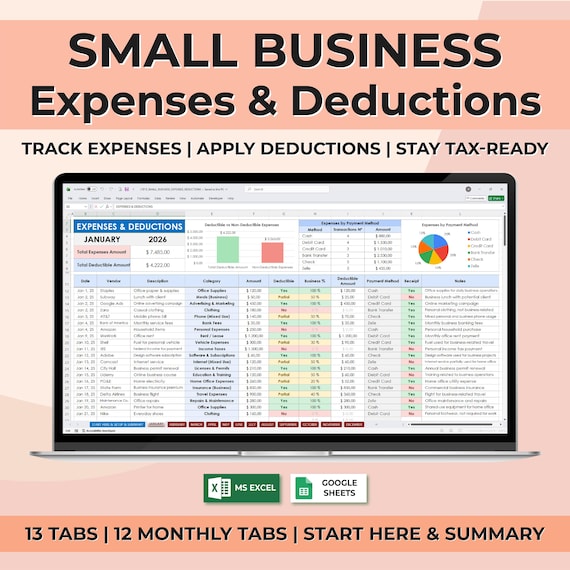 Small Business Deductible Expense Tracker | Bookkeeping Spreadsheet for Any Business | Tax Deductions | Excel & Google Sheets Template