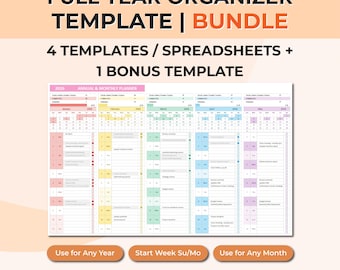 Year at a Glance Planner Spreadsheet Bundle | Yearly Planner Template | Excel & Google Sheets Calendar | Annual Planner | Printable Calendar