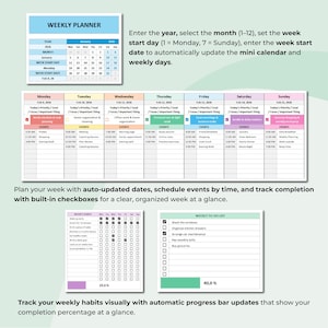 May include: A white weekly planner with a blue header, featuring a calendar, daily schedules, and habit trackers. The planner includes checkboxes for tracking tasks and progress bars for visual updates. Text includes instructions and event details.
