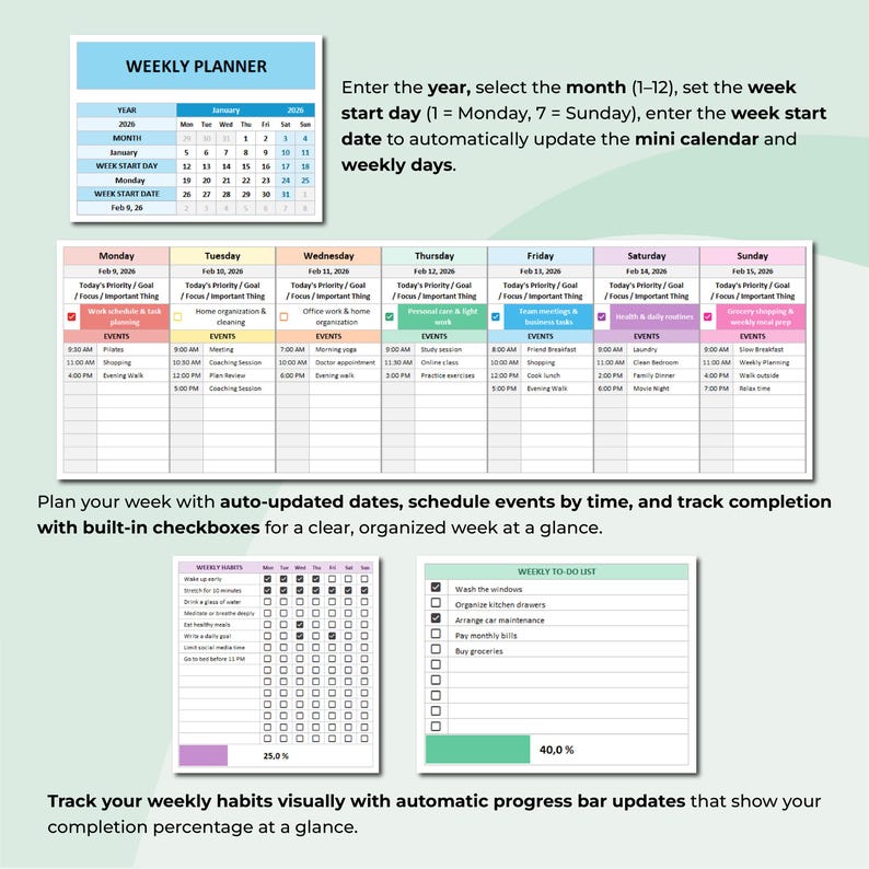 May include: A white weekly planner with a blue header, featuring a calendar, daily schedules, and habit trackers. The planner includes checkboxes for tracking tasks and progress bars for visual updates. Text includes instructions and event details.
