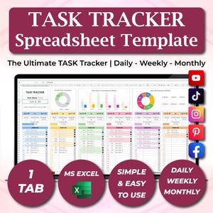 Excel Task Tracker Template | Daily Weekly & Monthly Task Template | Task Checklist | Simple To Do List Planner | Excel SpreadSheet Template