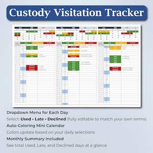 Coparenting Calendar, Coparent Schedule Tracker, Coparenting SpreadSheet, Monthly Custody Log, Excel Google Sheets Spreadsheet Template