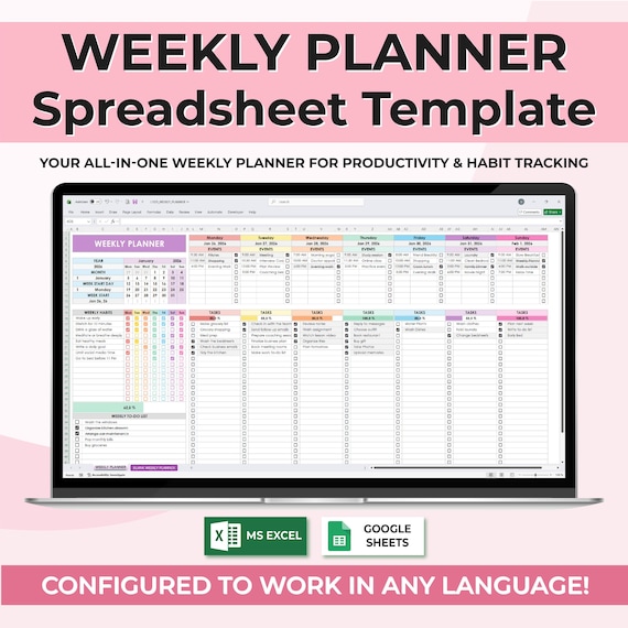 ADHD Weekly Planner Excel, Google Sheets Planner, Productivity Spreadsheet, Habit Tracker, To Do List, Focus Weekly Planner Template
