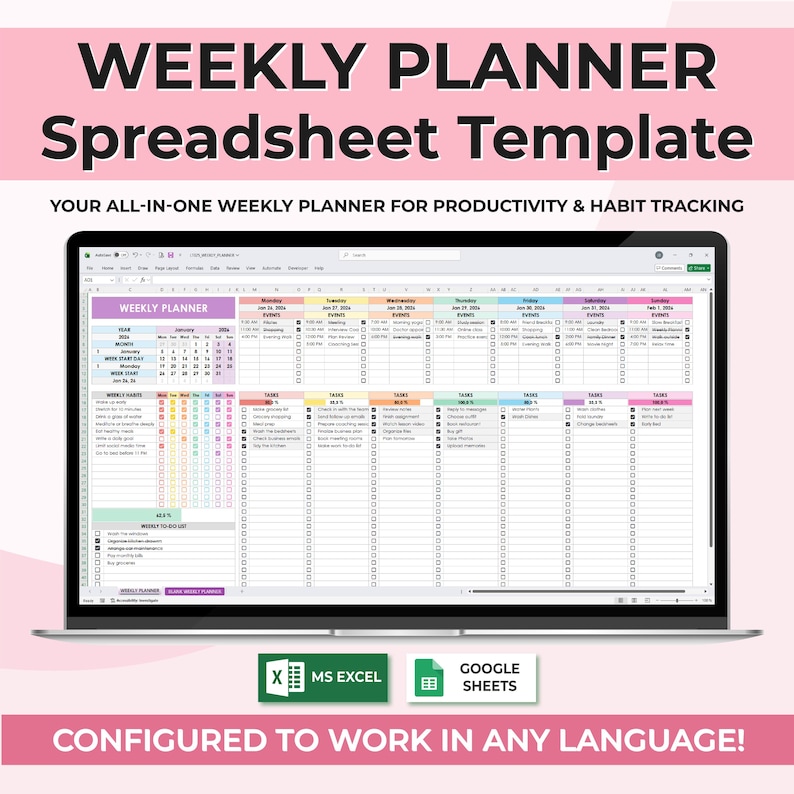 ADHD Weekly Planner Excel, Google Sheets Planner, Productivity Spreadsheet, Habit Tracker, To Do List, Focus Weekly Planner Template
