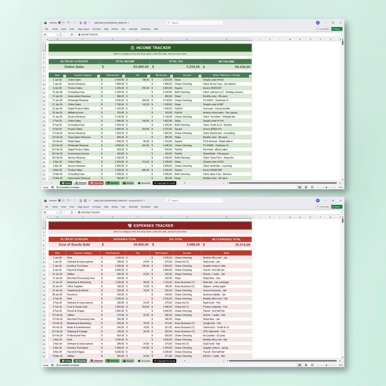 Small Business Bookkeeping Spreadsheet, Income Expense Tracker, Profit Dashboard, Sales Tax, Excel Budget Template, Annual Monthly Overview