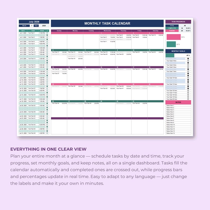 Monthly Task Calendar Template | To-do List & Task Tracker Spreadsheet ...