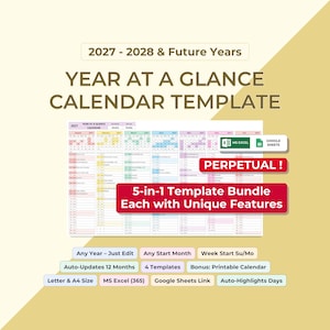 May include: A digital calendar template titled 2027-2028 & Future Years Year at a Glance Calendar Template. The graphic displays a 5-in-1 template bundle for MS Excel and Google Sheets, featuring perpetual functionality, auto-updates, and printable options.
