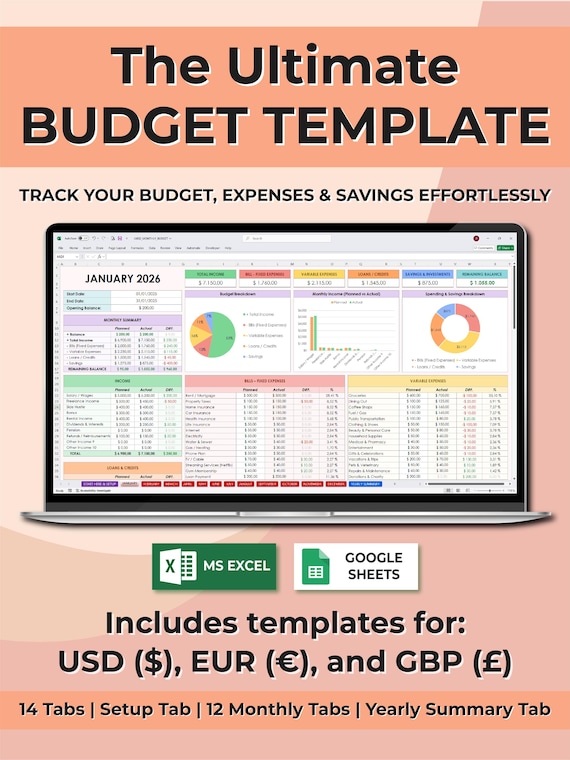 Simple 2026 Budget Planner, Excel & Google Sheets Budget Spreadsheet, Budget Paycheck Template, Excel Budget Template, Budget Tracker Sheet
