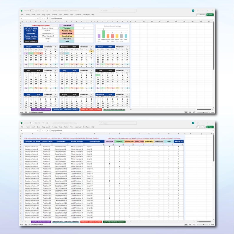 Employee PTO, Absence & Vacation Tracker | Excel Template for Leave of Absence, Time, Work Attendance and Team Tracker Spreadsheet