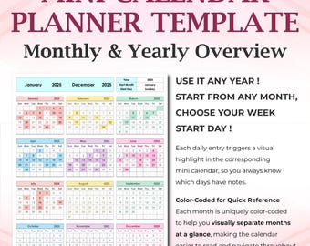 Mini Calendar Spreadsheet Template, Year at Glance Overview, Events Birthdays Appointments & Daily Notes Calendar - Excel Google Sheets