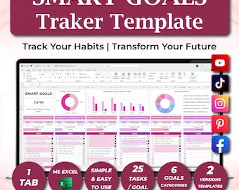 Smart Goal Tracker Excel, Goal Planner Spreadsheet, Habit Tracker Template, Digital Goals Tracker, Goal Setting Worksheet