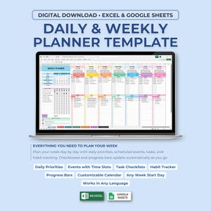 Puede incluir: Una plantilla digital de planificador diario y semanal para Excel y Google Sheets mostrada en una pantalla de portátil. La interfaz presenta un horario semanal colorido, listas de tareas, rastreadores de hábitos y barras de progreso.