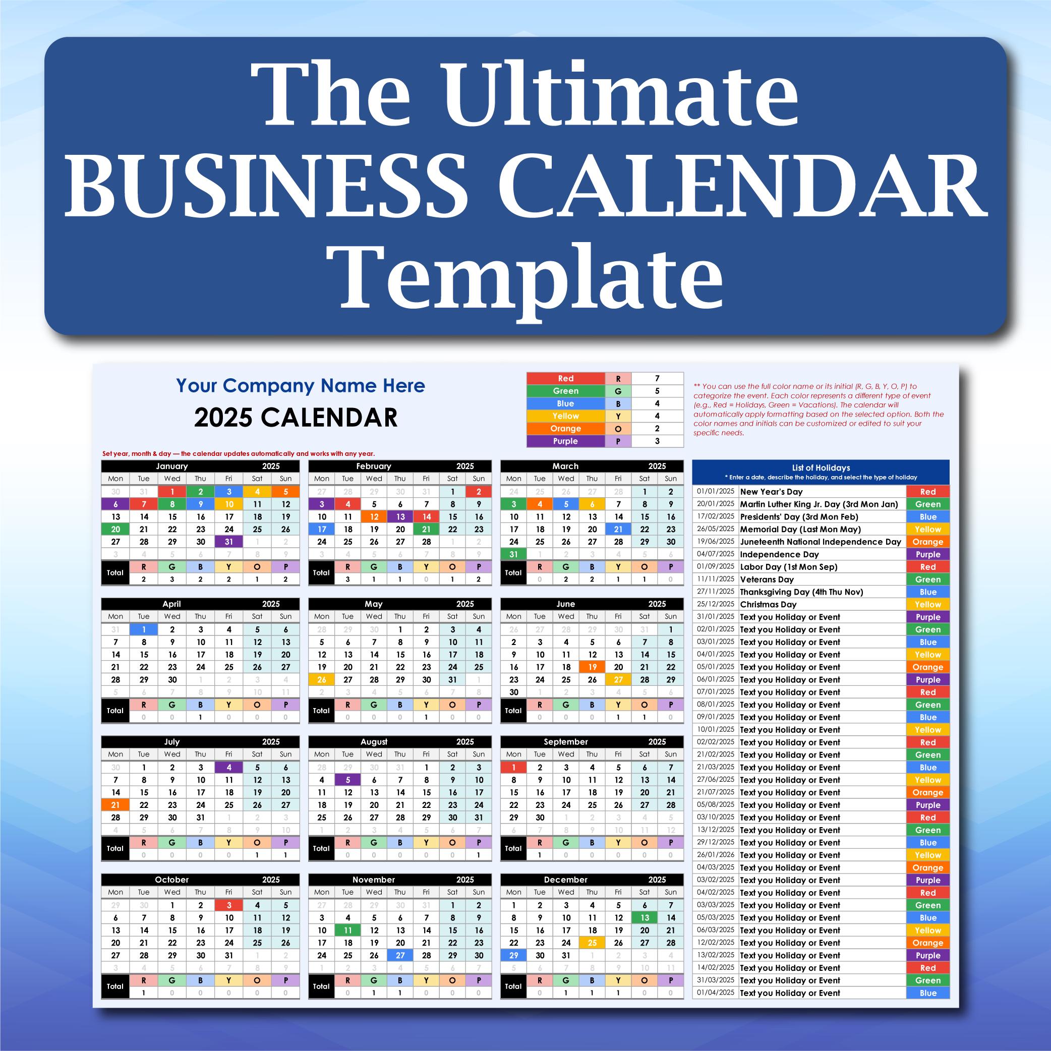 2025 2026  Excel Business Calendar Template, Dynamic Calendar Excel, Color-Coded Event Planner, Google Sheet Schedule, Editable Template