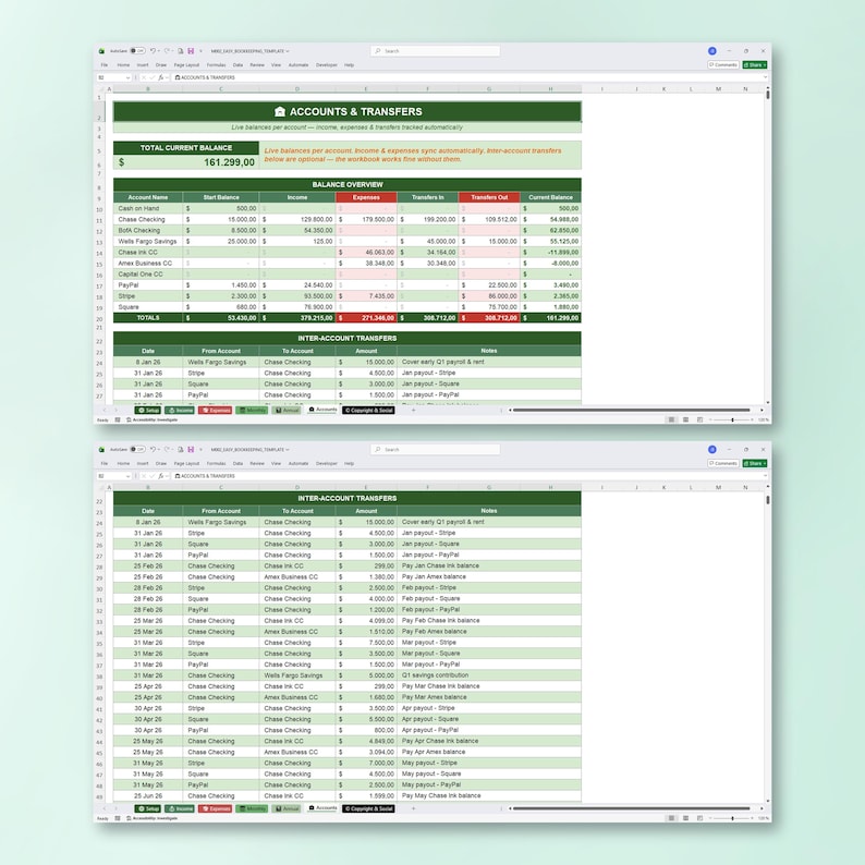 Small Business Bookkeeping Spreadsheet, Income Expense Tracker, Profit Dashboard, Sales Tax, Excel Budget Template, Annual Monthly Overview
