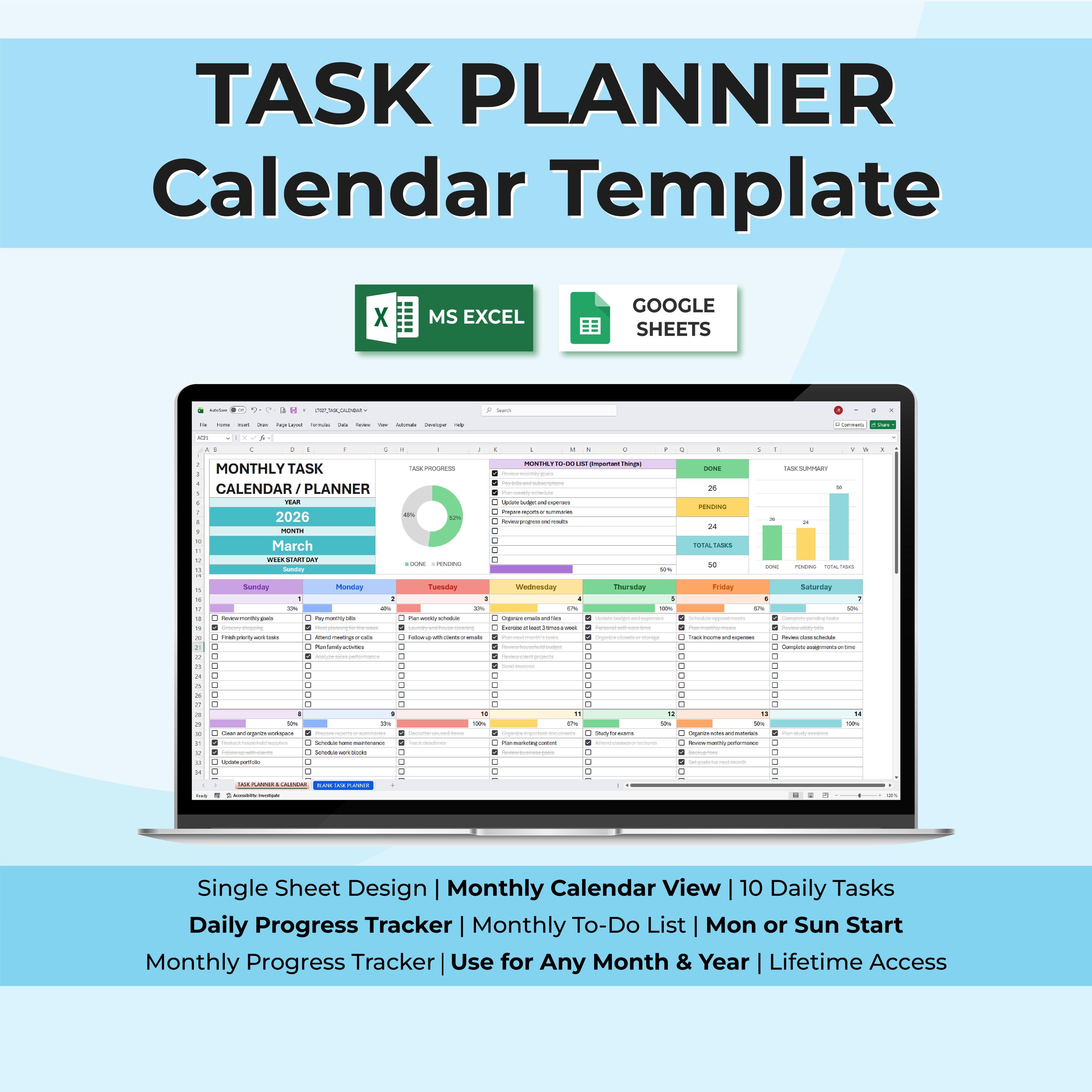 Monthly Task Calendar Spreadsheet, Monthly Planner Excel Template ...