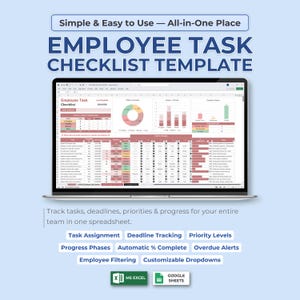 May include: A laptop displays an employee task checklist template. The screen shows a spreadsheet with data visualizations and task management features. Text at the top reads "EMPLOYEE TASK CHECKLIST TEMPLATE." Features include task assignment, deadline tracking, and progress phases.