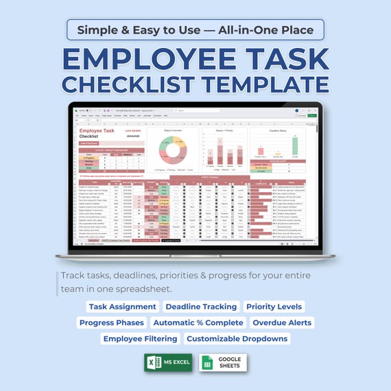 Employee Task Checklist Spreadsheet Template, Team To Do List Excel, Project Tracker Google Sheets, Deadline Planner Digital Organizer