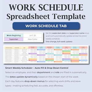 Puede incluir: Una plantilla digital de horario de trabajo con el título "WORK SCHEDULE Spreadsheet Template". La plantilla incluye una sección para la fecha de inicio de la semana y el nombre del supervisor. El horario muestra los nombres de los empleados, departamentos, roles y turnos.