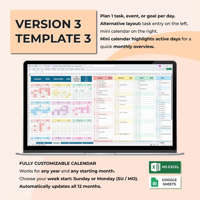 Year at a Glance Planner Spreadsheet Bundle | Yearly Planner Template ...