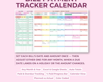 Bill Tracker Spreadsheet, Monthly Payment Tracker, Budget Calendar | Excel & Google Sheets, Subscription, Household Organizer