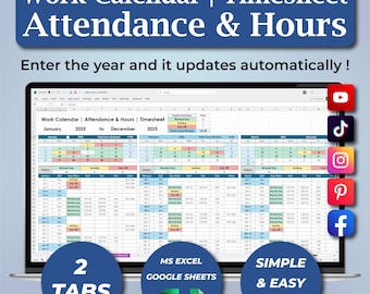 Work Calendar Spreadsheet | Excel Google Sheets Template | Attendance & Hours Tracker | Timesheet Planner 2025 2026 | Editable Schedule