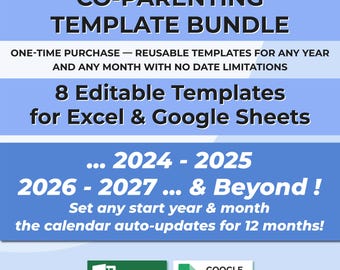 Co-Parenting Template Bundle | Custody Calendar, Visits, Phone Calls & Expenses Trackers | Shared Parenting Planner | Excel Google Sheets