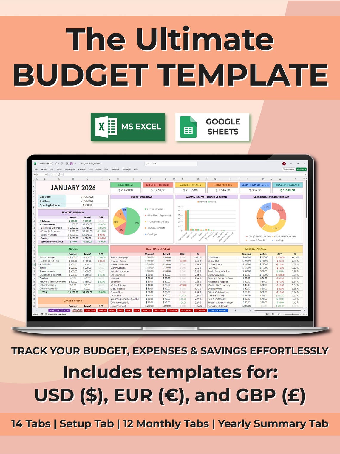 Simple 2026 Budget Planner, Excel & Google Sheets Budget Spreadsheet