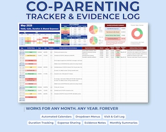 Co-Parenting Tracker & Evidence Log — Visit Schedule, Phone Calls, Duration and Shared Expenses | Excel and Google Sheets Template