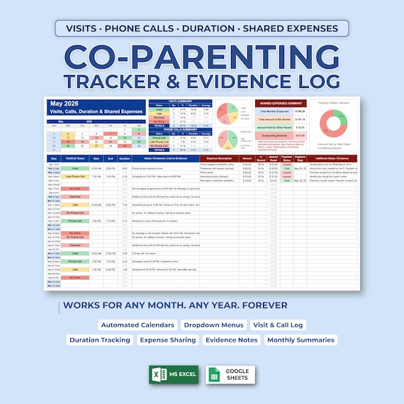 Co-Parenting Tracker & Evidence Log — Visit Schedule, Phone Calls, Duration and Shared Expenses | Excel and Google Sheets Template