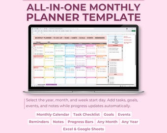 Monthly Calendar Planner Spreadsheet Template | Productivity Checklist & Goal Planner | Reminder Tracker Excel Google Sheets Template