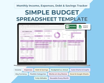 Budget Planner Google Sheets & Excel | Income Expense Debt Savings Tracker, Monthly Bill Organizer