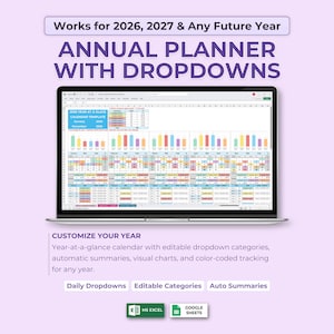 May include: A laptop displays an annual planner with dropdowns, color-coded charts, and editable categories. The text reads "Works for 2026, 2027 & Any Future Year" and "Annual Planner with Dropdowns." The planner is designed for year-at-a-glance tracking.