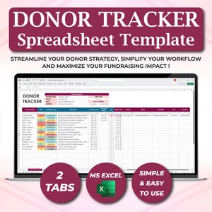 Könnte beinhalten: Ein Laptop-Bildschirm zeigt eine "DONOR TRACKER Spreadsheet Template". Die Vorlage soll Spendenstrategien optimieren und den Arbeitsablauf vereinfachen. Enthält 2 Registerkarten, MS Excel-Kompatibilität und ist einfach zu bedienen.