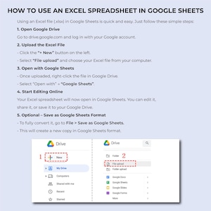 May include: A guide on how to use an Excel spreadsheet in Google Sheets. The steps include opening Google Drive, uploading the Excel file, opening with Google Sheets, and starting to edit online. Includes screenshots of the Google Drive interface.