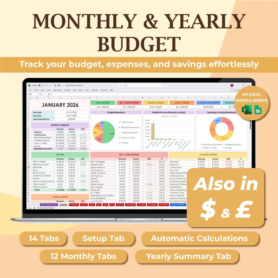 Excel & Google Sheets Budget Template, Monthly Expense Tracker, Annual ...