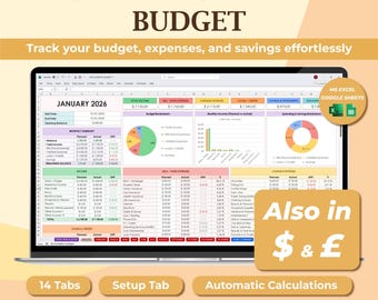 Excel & Google Sheets Budget Vorlage, Monatliche Ausgaben Tracker, Jährliche Haushaltsplaner, Persönliches Geld Dashboard, Ausgaben Organisator