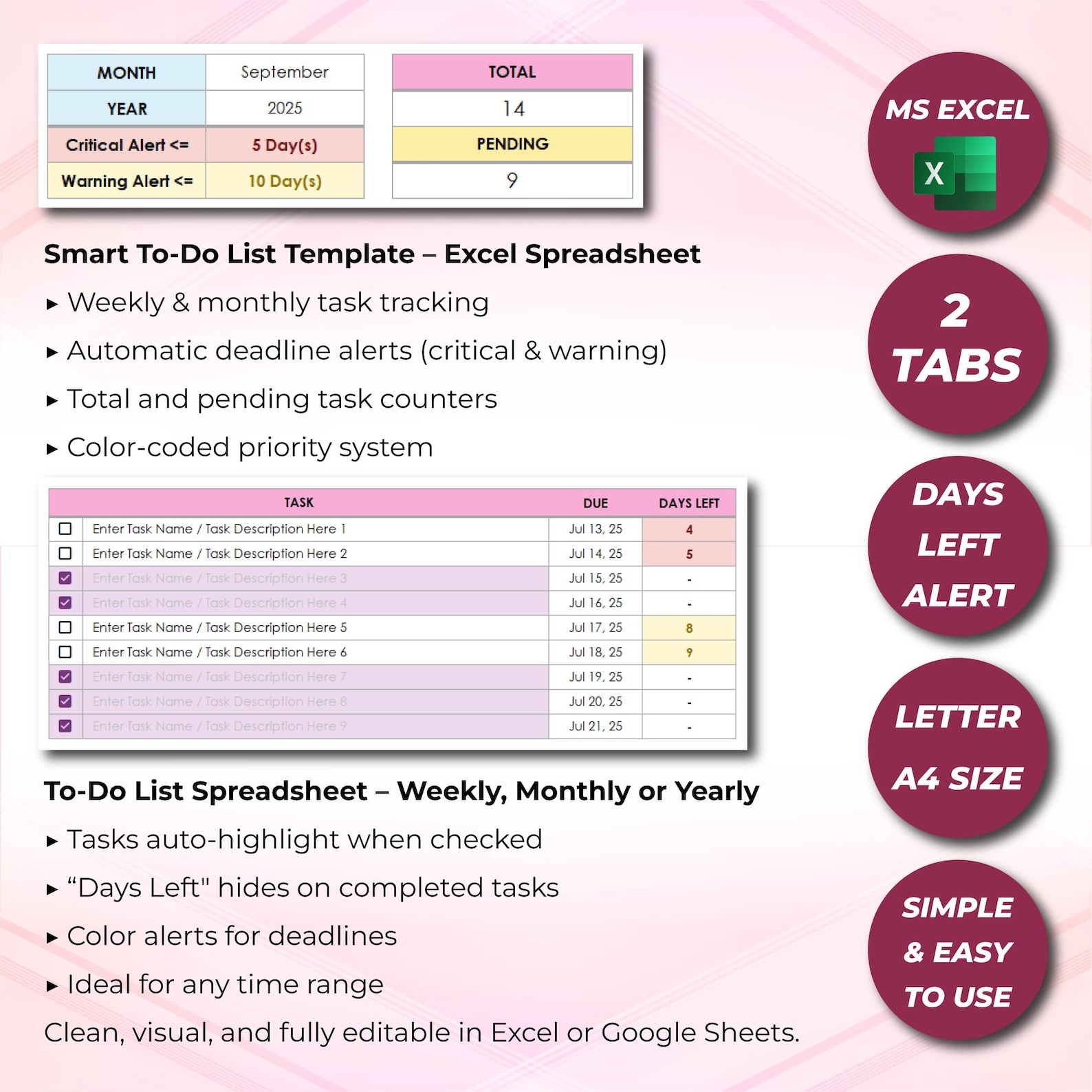 Taskings List Color Coded To Do List Excel Template, Task Tracker Spreadsheet, Weekly Planner ...