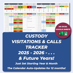 Coparenting Calendar & Custody Schedule Tracker | Parenting Time Log Activity Planner | Monthly Custody Template for Excel  Google Sheets
