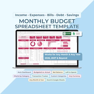 Op de afbeelding: Een maandelijkse budget-spreadsheet-sjabloon weergegeven op een laptopscherm, met roze en witte gegevenstabellen, grafieken en financiële overzichten. De tekst bevat Income, Expenses, Bills, Debt, Savings en Works for Any Month & Any Year 2026, 2027 & Beyond.