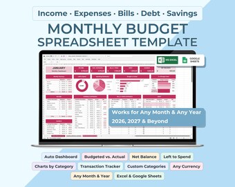 Personal Budget Spreadsheet Excel & Google Sheets | Monthly Income, Expenses, Bills and Savings Tracker