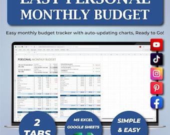 Könnte beinhalten: Ein Laptop-Bildschirm, der eine persönliche monatliche Budgetvorlage anzeigt. Die Tabelle zeigt Kategorien für Einnahmen und Ausgaben. Der Titel lautet "EASY PERSONAL MONTHLY BUDGET". Zusätzlicher Text umfasst "2 TABS", "MS EXCEL GOOGLE SHEETS" und "SIMPLE & EASY TO USE".