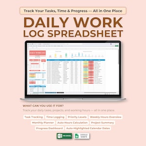 Könnte beinhalten: Ein Laptop zeigt ein "TÄGLICHES ARBEITSPROTOKOLL" mit einem rosa und weißen Design. Der Bildschirm zeigt eine detaillierte Tabelle mit Aufgabenverfolgung, Zeiterfassung und Projektzusammenfassungen. Der Text oben lautet "Verfolgen Sie Ihre Aufgaben, Zeit und Fortschritte - Alles an einem Ort."