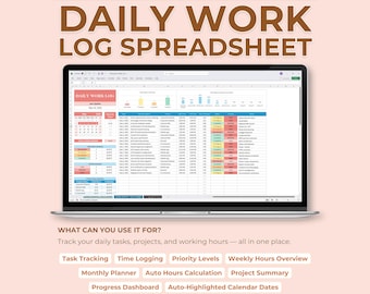 Daily Work Log Spreadsheet | Task Tracker Excel Template | Time Tracking Hours Worked Project Planner | Digital Google Sheets Template