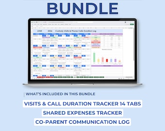 Custody Records Bundle, Co-Parenting Planner, Parenting Time Tracker, No Show Log, Call Duration, Shared Expenses, Excel Sheets Template