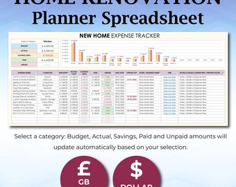 Excel & Google Sheets Renovation Planner Template, Property Renovation Log, New Home Expense Tracker, Interior Design Cost Spreadsheet