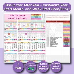 Family Calendar Excel Google Sheets Template, Birthday Calendar, Event Planner, Holiday Schedule, Family Trip Calendar, Annual Organizer
