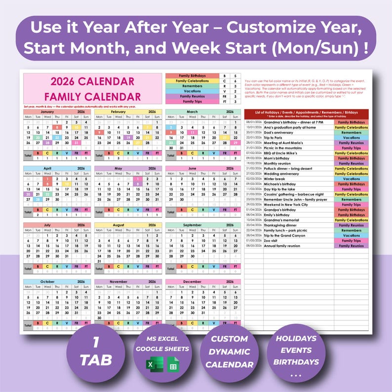 Family Calendar Excel Google Sheets Template, Birthday Calendar, Event Planner, Holiday Schedule, Family Trip Calendar, Annual Organizer